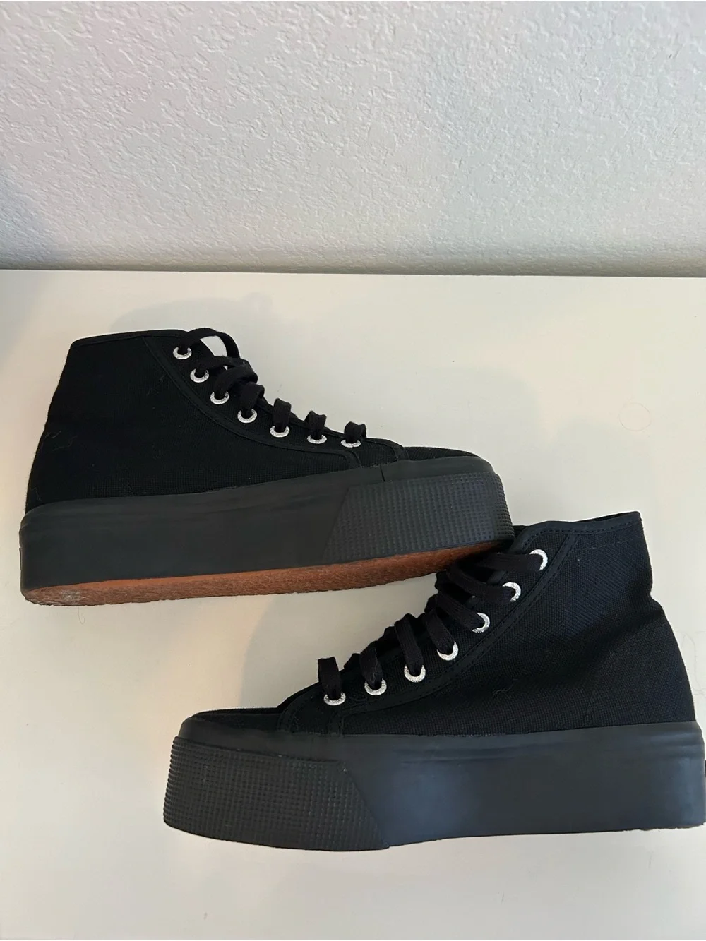 Superga High-Top Black Canvas Platform Sneakers with Black Soles, Women Size 7.5